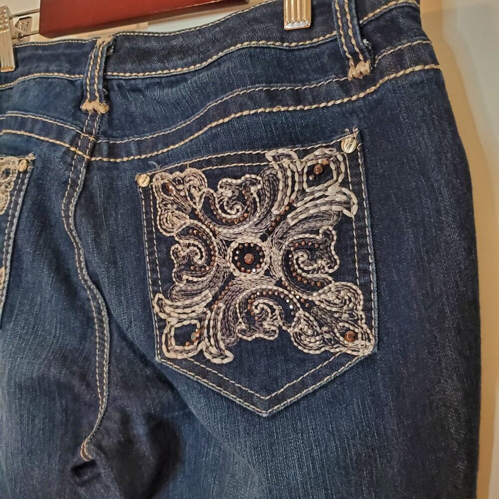 Nine West Sz 28/6 Embellished Dark Wash Shippens Bling Boot Thick Stitched Jeans
